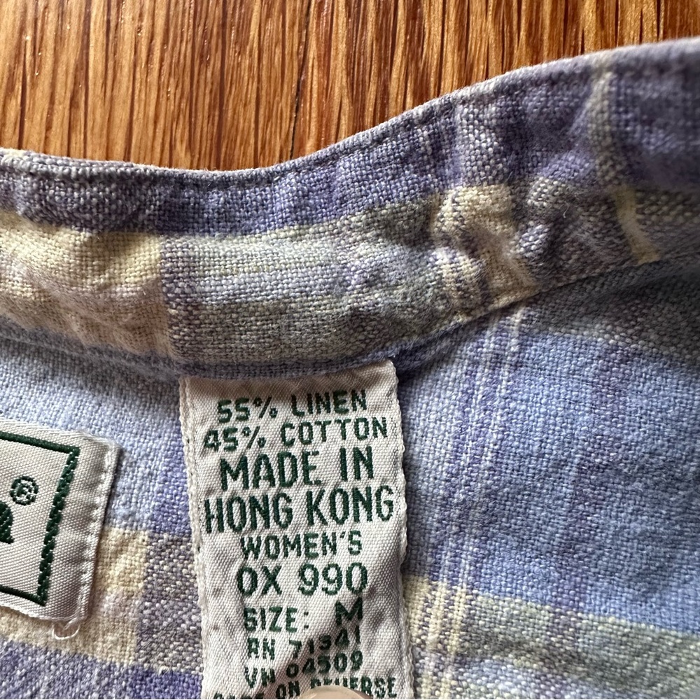 L.L.Bean Women’s M Light Blue Lavender Yellow Plaid Linen Shirt Mandarin Collar - Picture 5 of 11